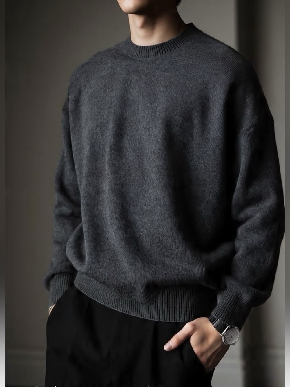 SPAO FOR MEN Medium Dark Grey Round Crewneck Longsleeve Sweater